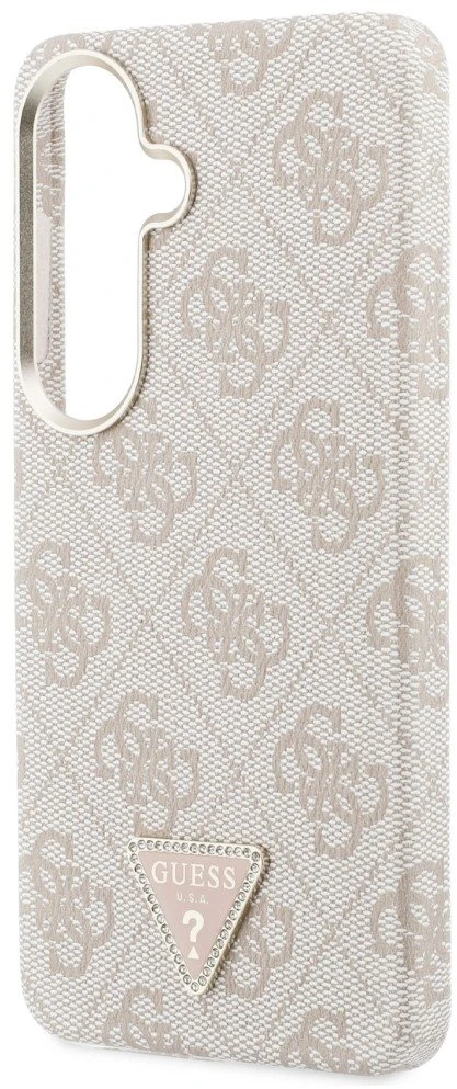 Guess PU Leather 4G Strass Triangle Logo Gold Frame Magnetic dėklas skirtas Samsung Galaxy S26 rožinės spalvos
