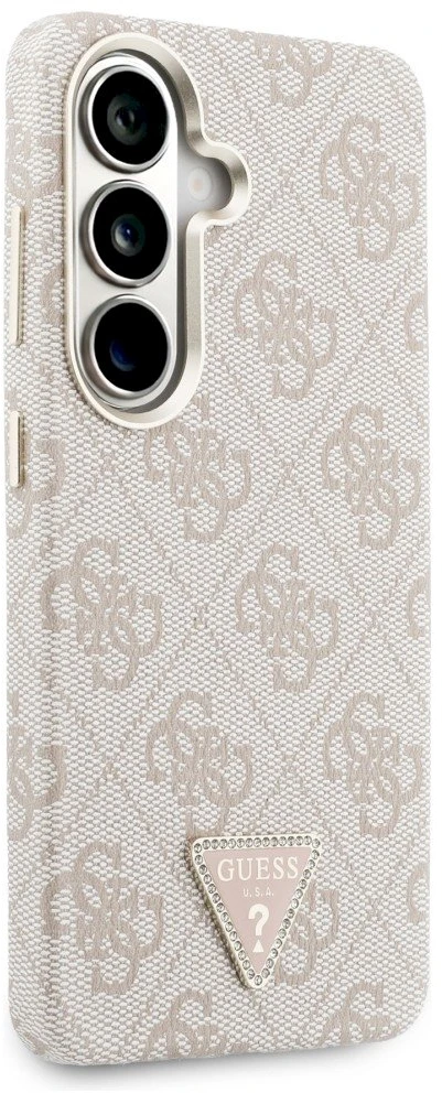 Guess PU Leather 4G Strass Triangle Logo Gold Frame Magnetic dėklas skirtas Samsung Galaxy S26 rožinės spalvos