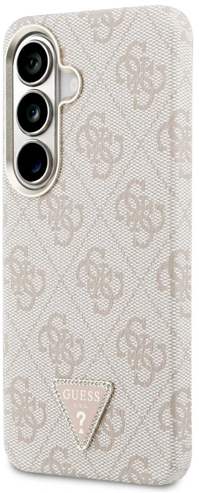 Guess PU Leather 4G Strass Triangle Logo Gold Frame Magnetic dėklas skirtas Samsung Galaxy S26 rožinės spalvos