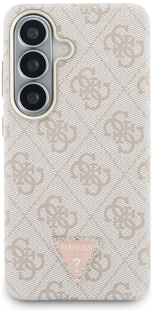 Guess PU Leather 4G Strass Triangle Logo Gold Frame Magnetic dėklas skirtas Samsung Galaxy S26 rožinės spalvos