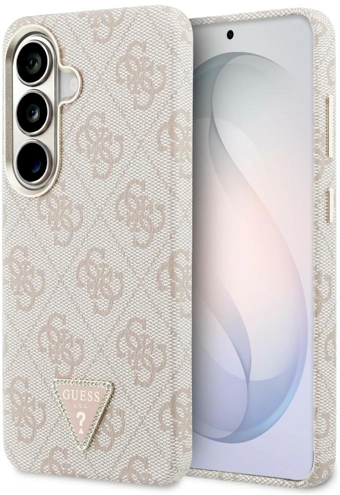 Guess PU Leather 4G Strass Triangle Logo Gold Frame Magnetic dėklas skirtas Samsung Galaxy S26 rožinės spalvos