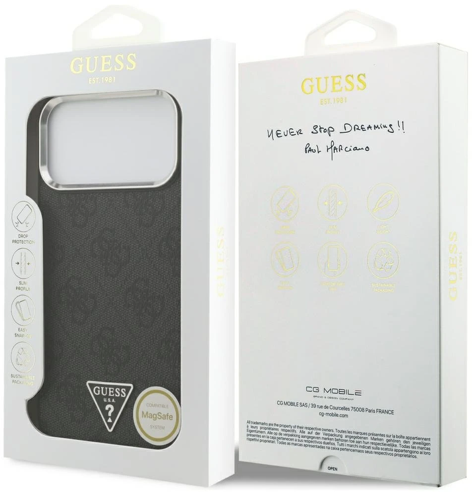 Dėklas Guess 4G Triangle Logo MagSafe Case, skirtas iPhone 17 Pro Max / 18 Pro Max - Juodos ir Sidabrinės spalvos