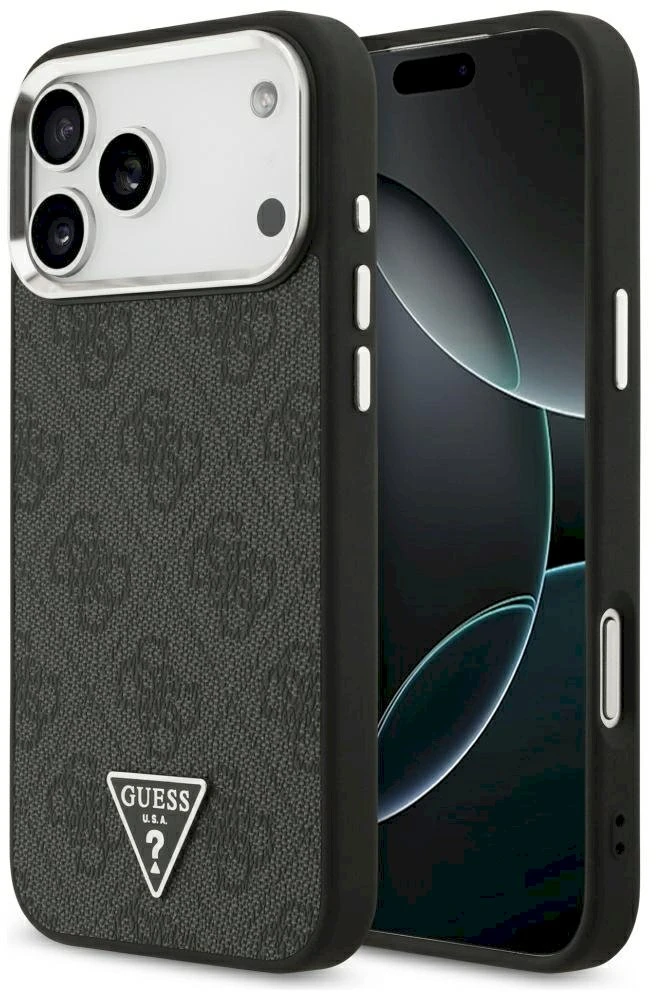 Dėklas Guess 4G Triangle Logo MagSafe Case, skirtas iPhone 17 Pro Max / 18 Pro Max - Juodos ir Sidabrinės spalvos