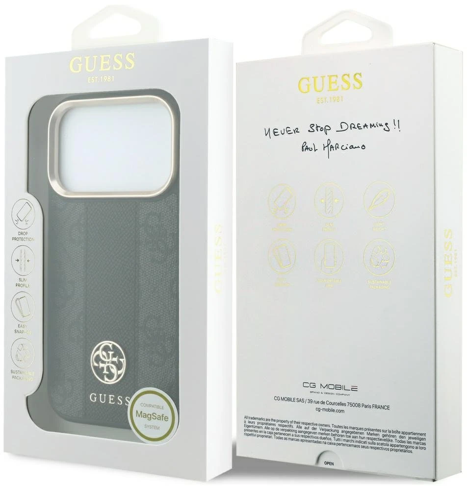 Dėklas Guess Case for IPHONE 18 Pro/17 Pro compatible with MagSafe (Stripe Round and Classic Logos 4G) juodas