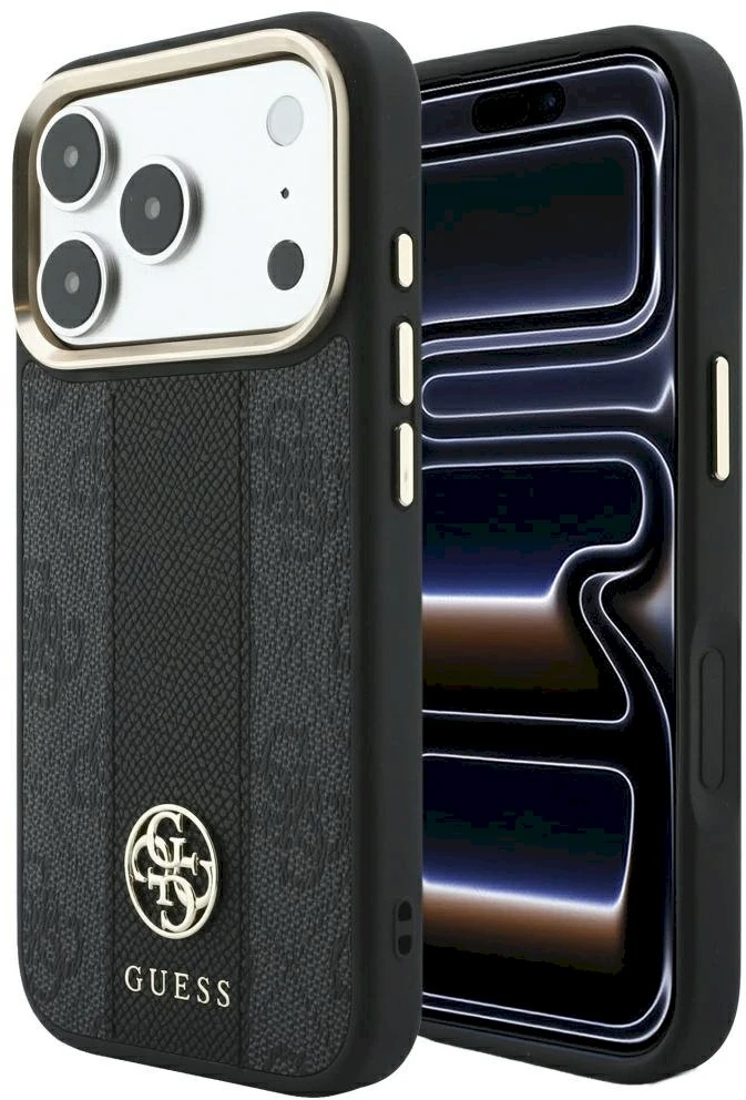 Dėklas Guess Case for IPHONE 18 Pro/17 Pro compatible with MagSafe (Stripe Round and Classic Logos 4G) juodas