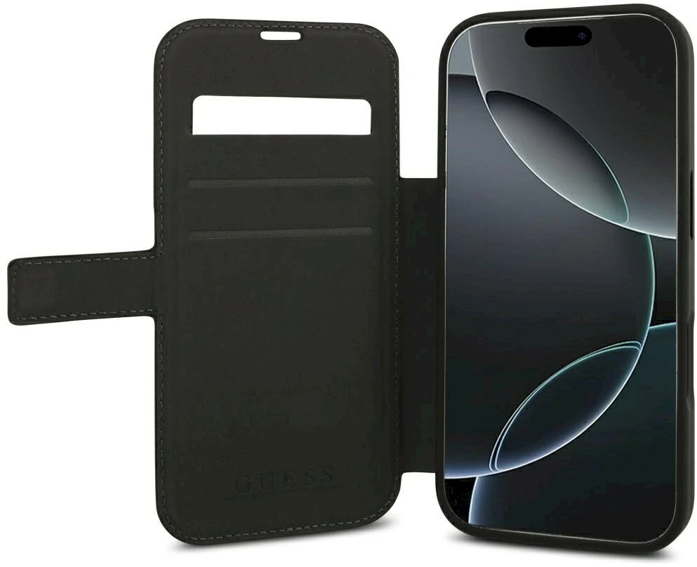 Dėklas Guess Book 4G Metal Logo Case, skirta iPhone 18 Pro / 17 Pro – Juoda