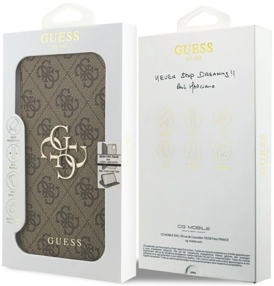 Guess Book 4G Metal Logo dėklas, skirtas iPhone 18 Pro Max / 17 Pro Max – Ruda