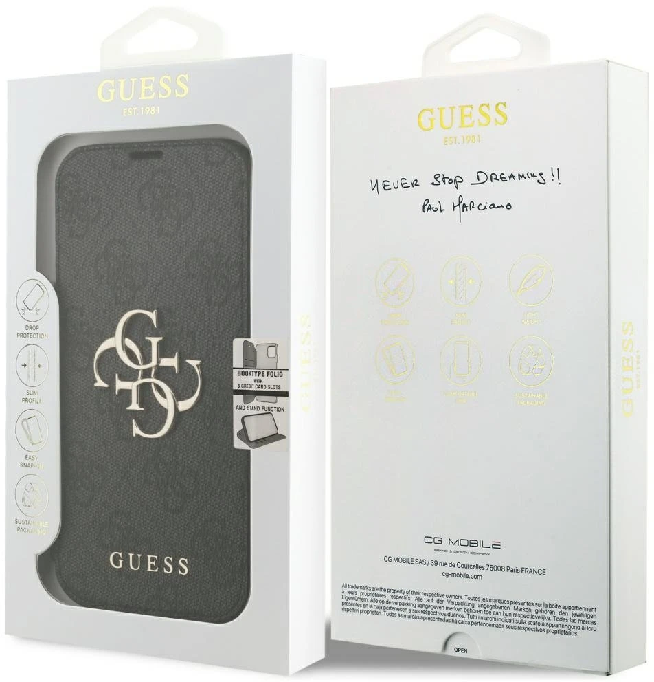 Dėklas Guess Book 4G Metal Logo Case, skirta iPhone 18 Pro / 17 Pro – Juoda