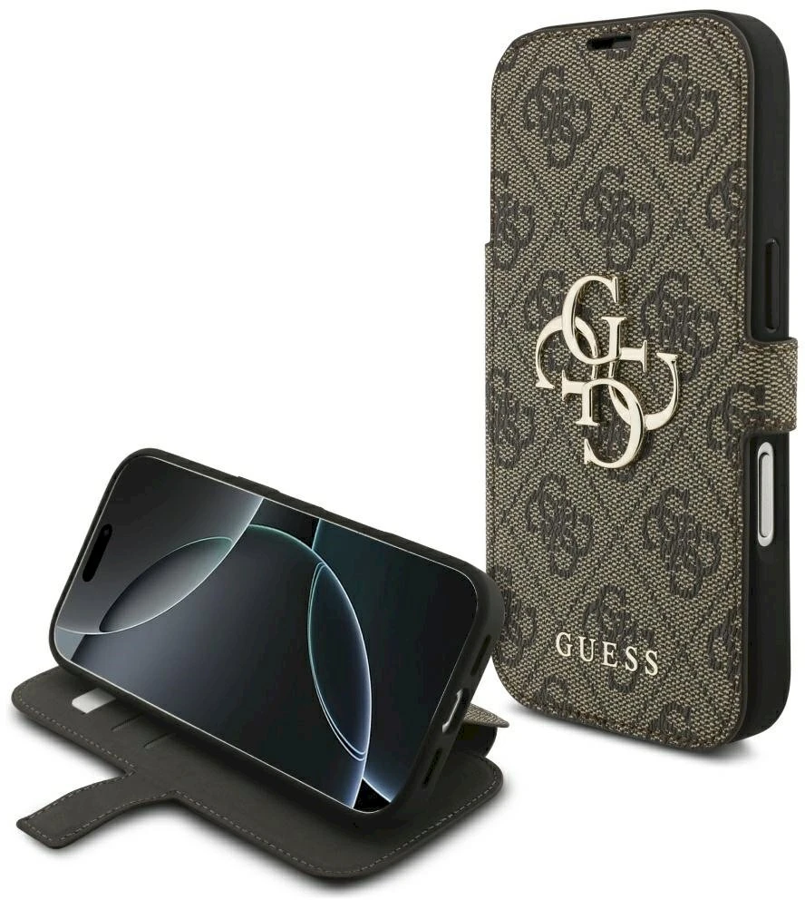 Guess Book 4G Metal Logo dėklas, skirtas iPhone 18 Pro / 17 Pro – ruda