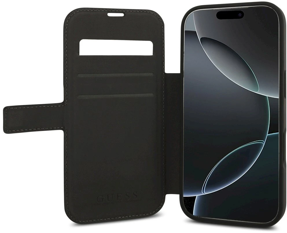 Guess Book 4G Metal Logo Dėklas Apple iPhone 17 Pro juodos spalvos