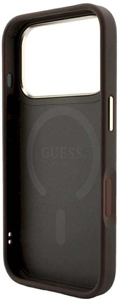 Guess Embossed 4G Classic MagSafe dėklas skirtas iPhone 18 Pro / iPhone 17 Pro rudas