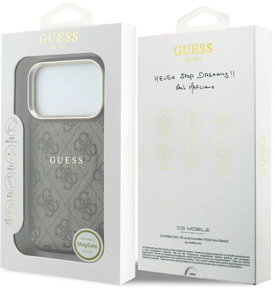 Guess Embossed 4G Classic MagSafe dėklas skirtas iPhone 18 Pro / iPhone 17 Pro rudas