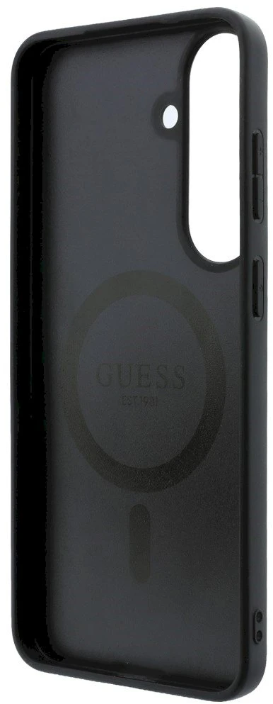 Guess PU odos 4G Gold Frame magnetinis dėklas, skirtas Samsung Galaxy S26 FE, rudas