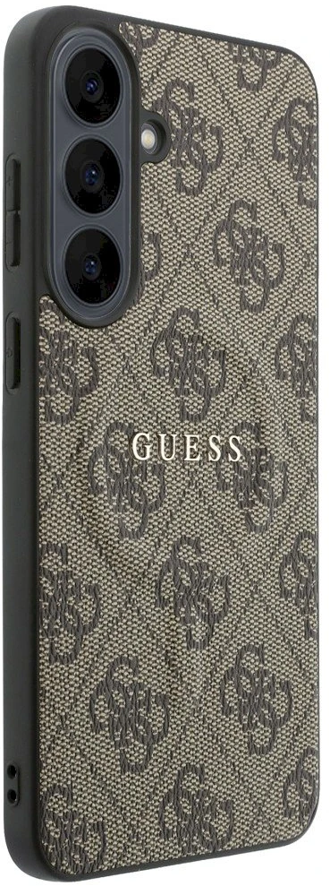 Guess PU odos 4G Gold Frame magnetinis dėklas, skirtas Samsung Galaxy S26 FE, rudas