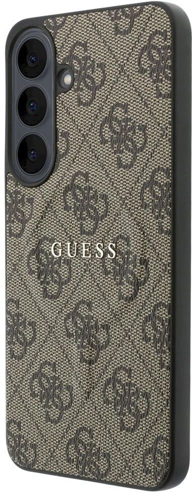 Guess PU odos 4G Gold Frame magnetinis dėklas, skirtas Samsung Galaxy S26 FE, rudas