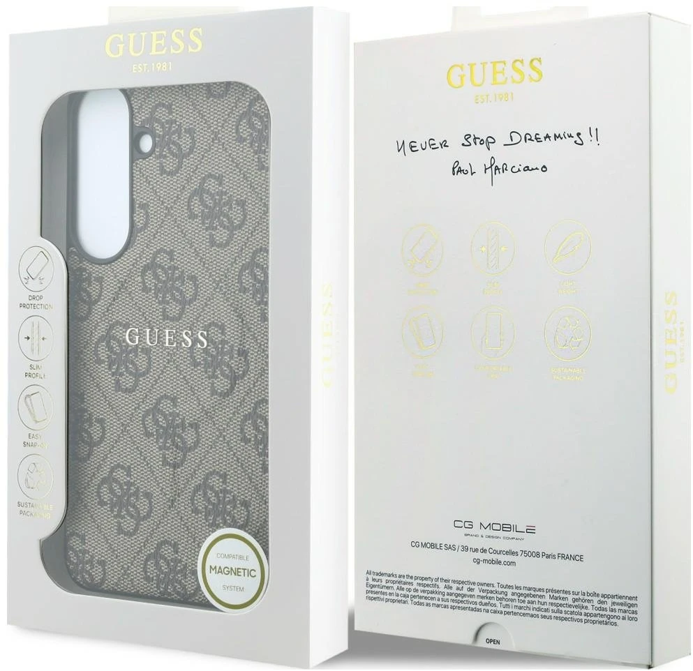 Guess PU odos 4G Gold Frame magnetinis dėklas, skirtas Samsung Galaxy S26 FE, rudas