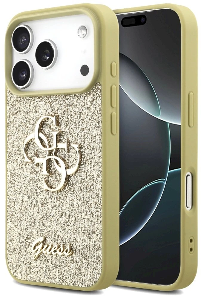 Guess Fixed Glitter Big 4G dėklas skirtas Apple iPhone 17 Pro auksinis