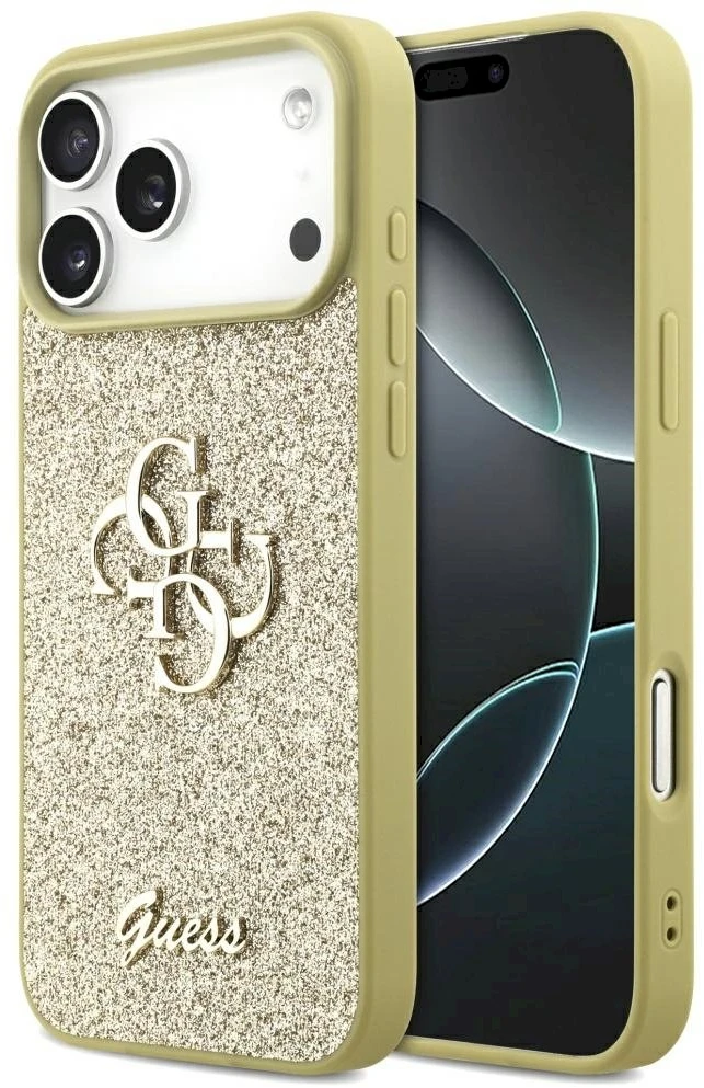 Guess Fixed Glitter Big 4G dėklas skirtas Apple iPhone 17 Pro Max auksinis