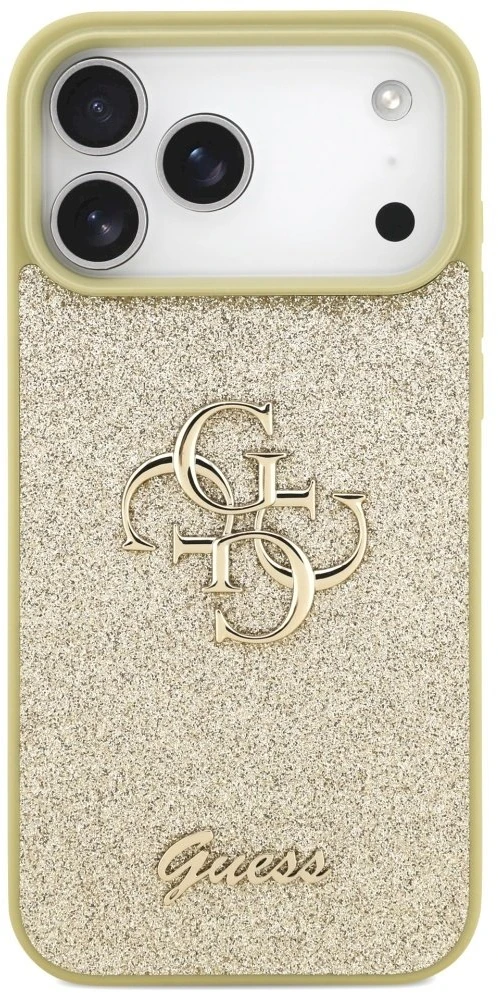 Guess Fixed Glitter Big 4G dėklas skirtas Apple iPhone 17 Pro Max auksinis
