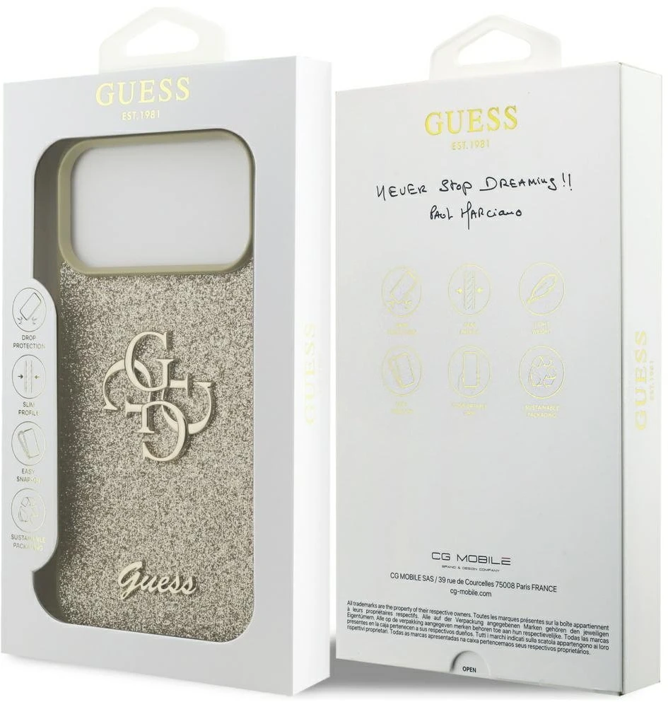 Guess Fixed Glitter Big 4G dėklas skirtas Apple iPhone 17 Pro Max auksinis
