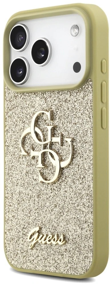 Guess Fixed Glitter Big 4G dėklas skirtas Apple iPhone 17 Pro auksinis