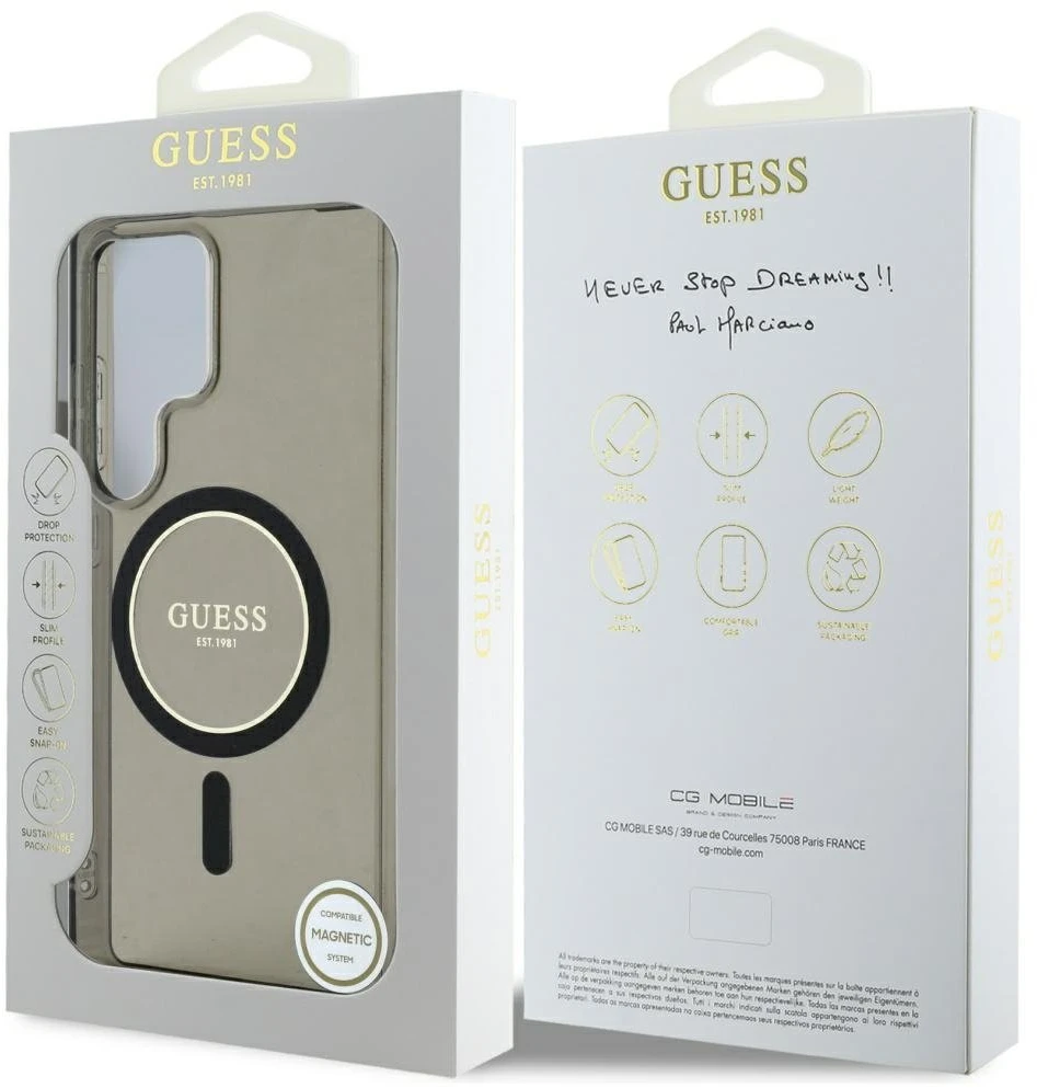 Dėklas Guess Glitter Circle Classic Logo MagSafe Samsung Galaxy S25 Ultra juodos spalvos