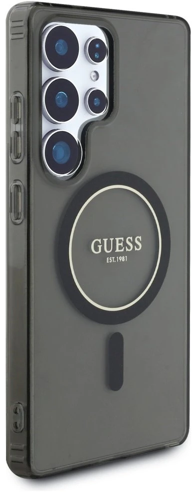 Dėklas Guess Glitter Circle Classic Logo MagSafe Samsung Galaxy S25 Ultra juodos spalvos