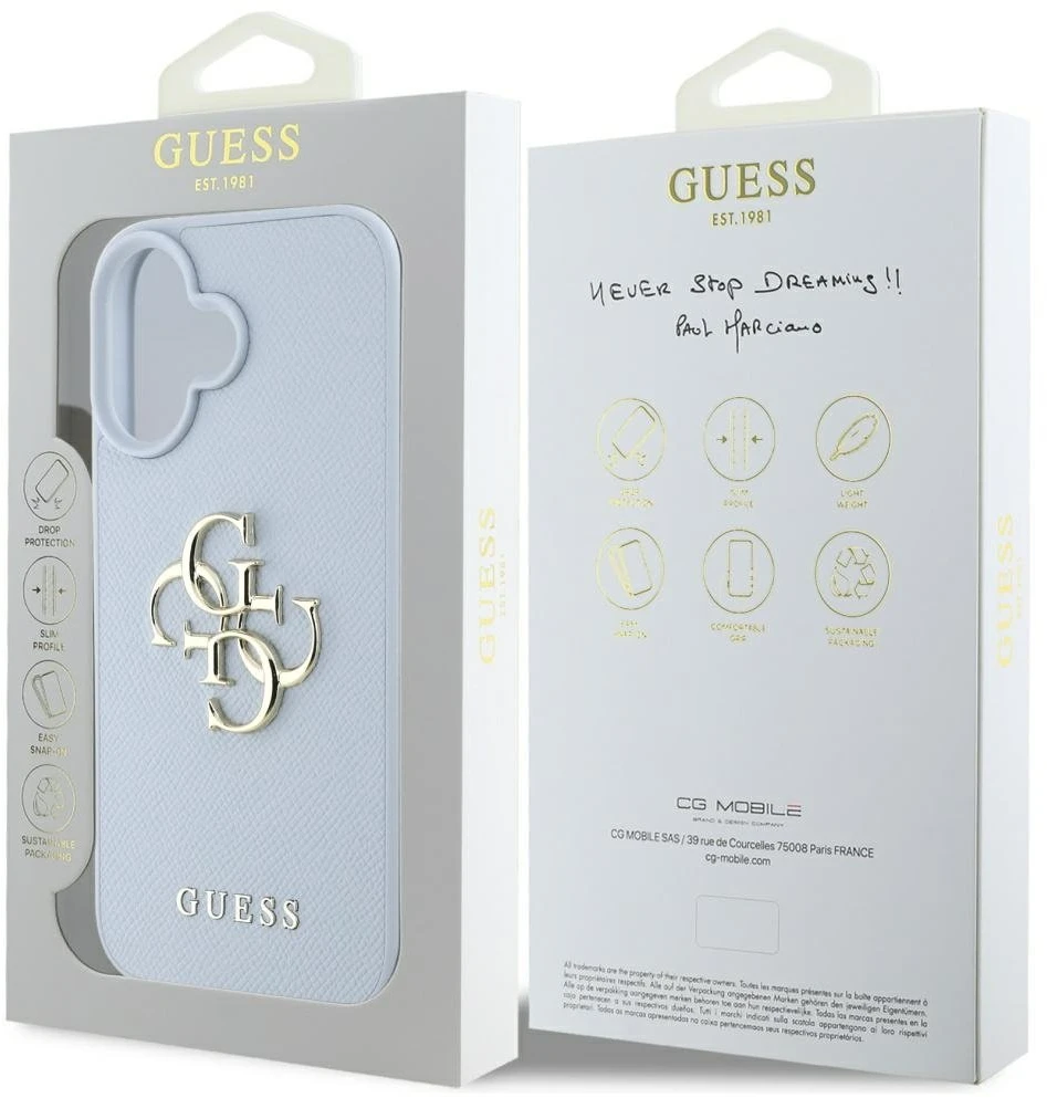 Dėklas Guess Grained Big 4G Logo Small Classic Logo Apple iPhone 16 mėlynas