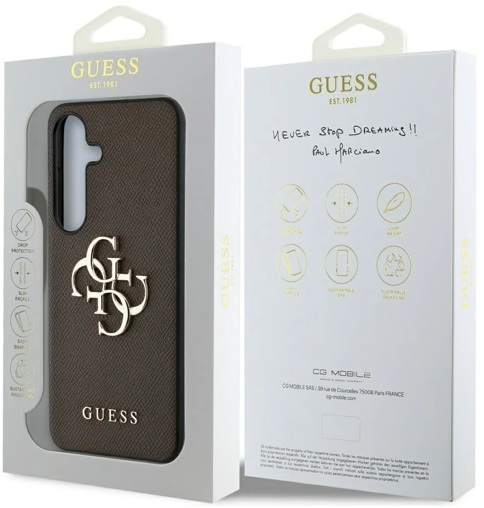 Dėklas Guess Grained Big 4G Logo Small Classic Logo to Samsung Galaxy S25 Plus rudos spalvos