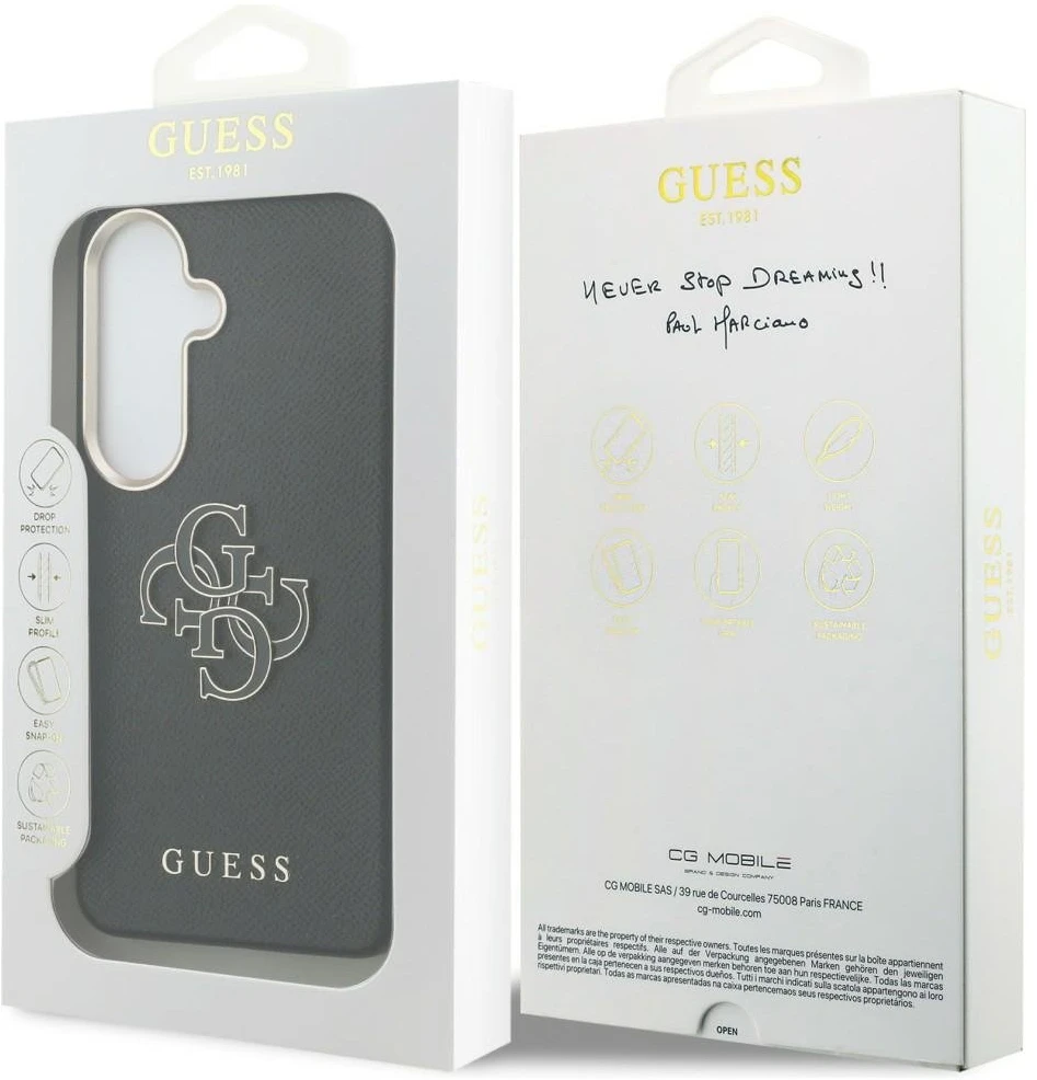 Guess PU 4G Resin Metal Logo dėklas skirtas Samsung Galaxy S26+ juodos spalvos