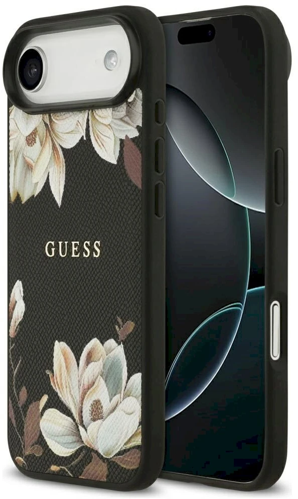 Guess Grained Flowers Classic Logo MagSafe dėklas Apple iPhone Air juodos spalvos