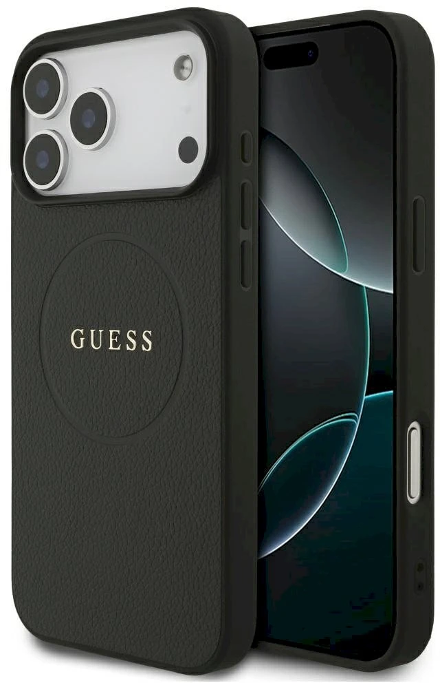 Guess Grained Gold Ring MagSafe dėklas, skirtas iPhone 18 Pro Max / 17 Pro Max – juodos spalvos