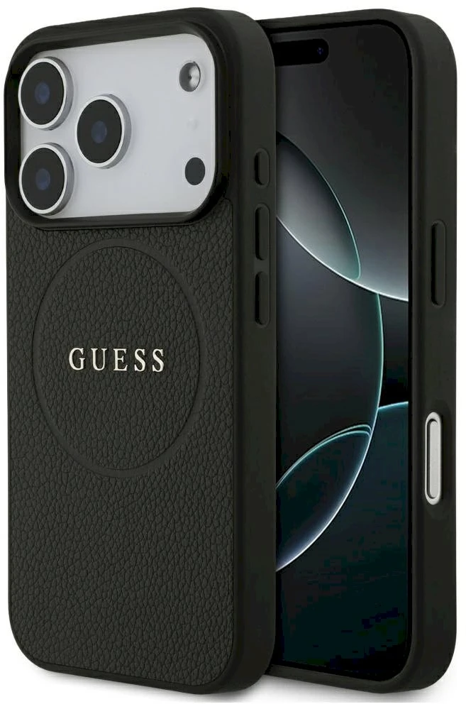 Dėklas Guess Grained Gold Ring MagSafe Case, skirta iPhone 18 Pro / 17 Pro – juoda