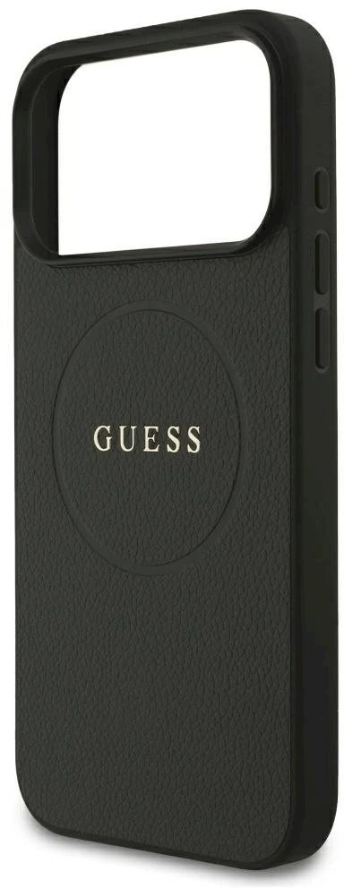 Guess Grained Gold Ring MagSafe dėklas, skirtas iPhone 18 Pro Max / 17 Pro Max – juodos spalvos