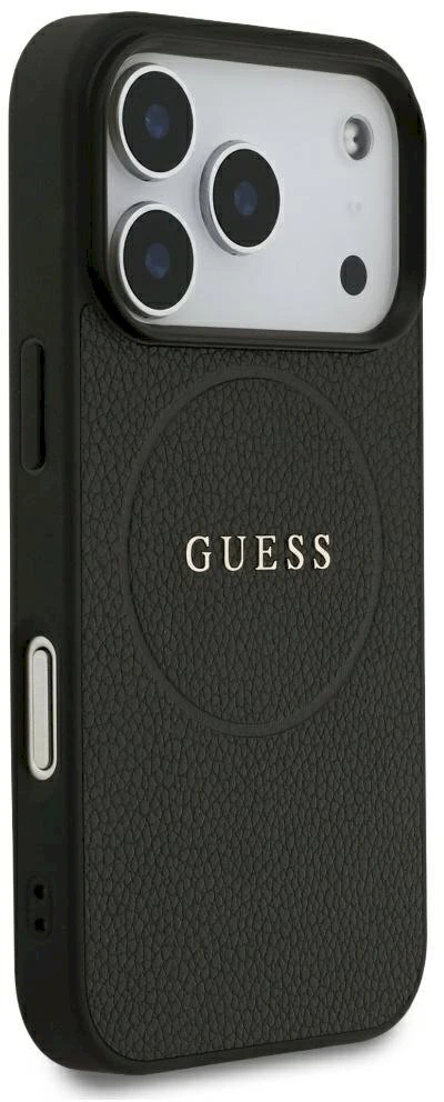 Dėklas Guess Grained Gold Ring MagSafe Case, skirta iPhone 18 Pro / 17 Pro – juoda