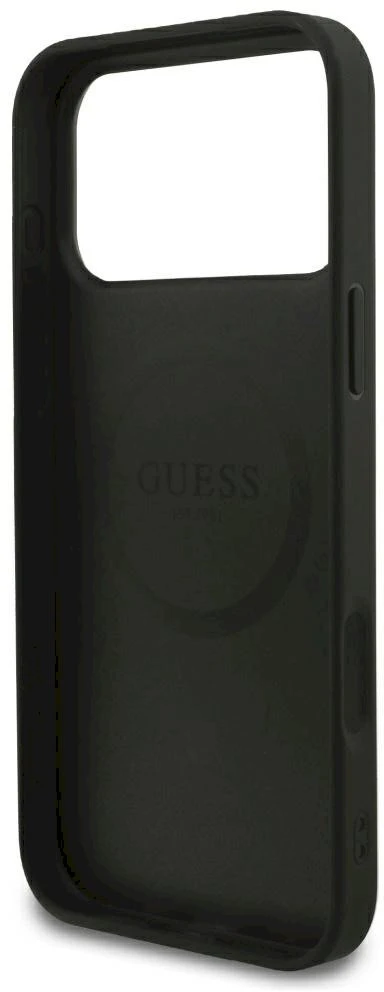 Guess Grained Gold Ring MagSafe dėklas, skirtas iPhone 18 Pro Max / 17 Pro Max – juodos spalvos