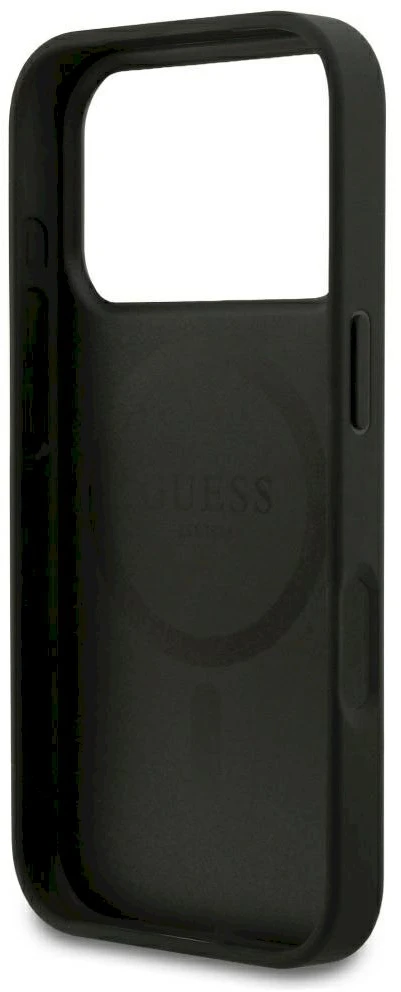 Dėklas Guess Grained Gold Ring MagSafe Case, skirta iPhone 18 Pro / 17 Pro – juoda