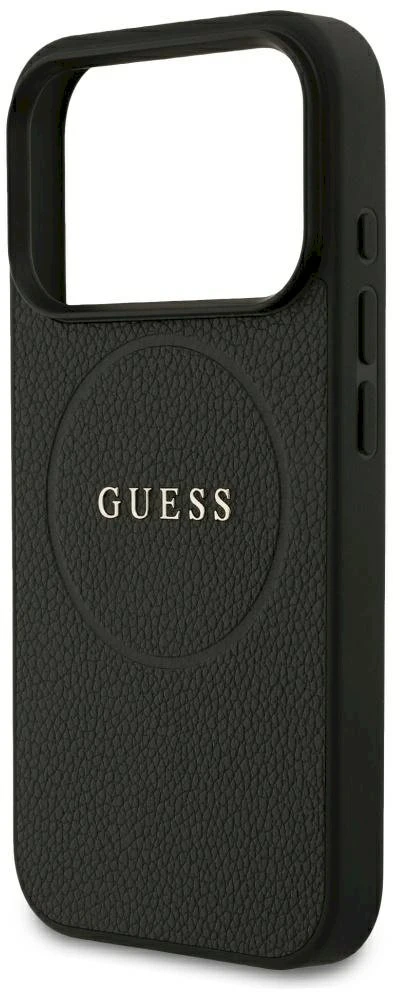 Dėklas Guess Grained Gold Ring MagSafe Case, skirta iPhone 18 Pro / 17 Pro – juoda