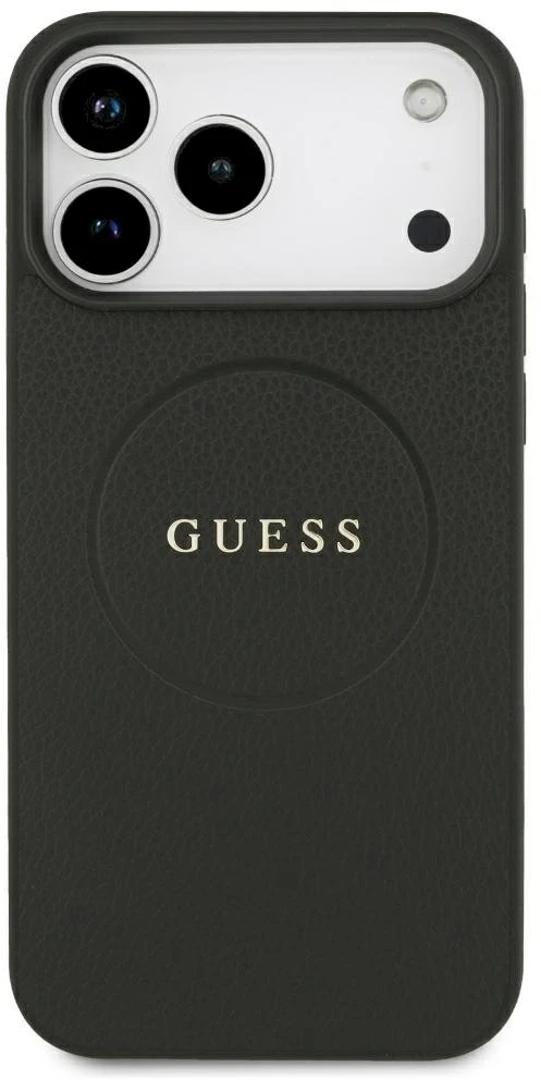 Guess Grained Gold Ring MagSafe dėklas, skirtas iPhone 18 Pro Max / 17 Pro Max – juodos spalvos