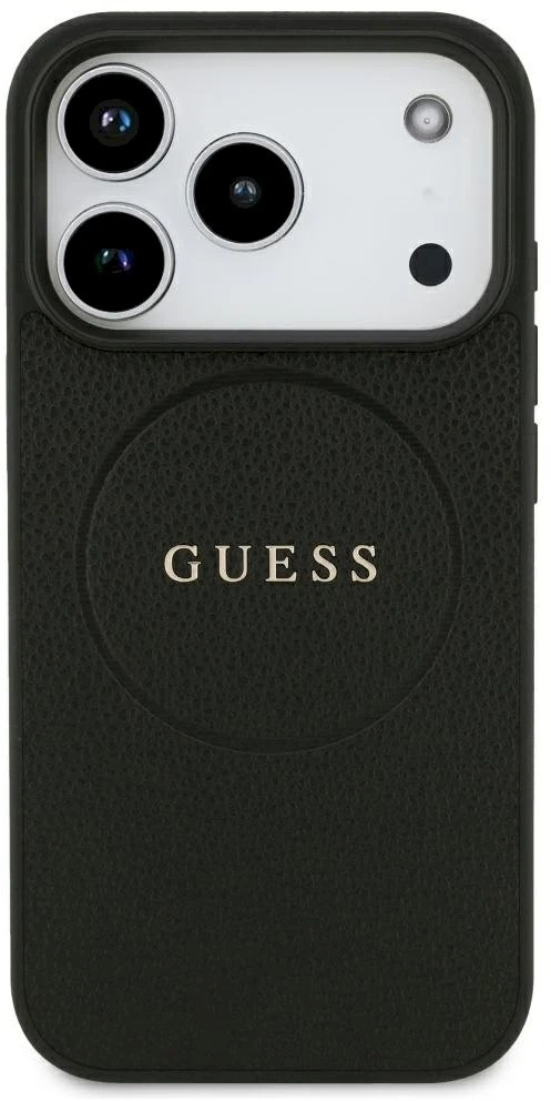 Dėklas Guess Grained Gold Ring MagSafe Case, skirta iPhone 18 Pro / 17 Pro – juoda