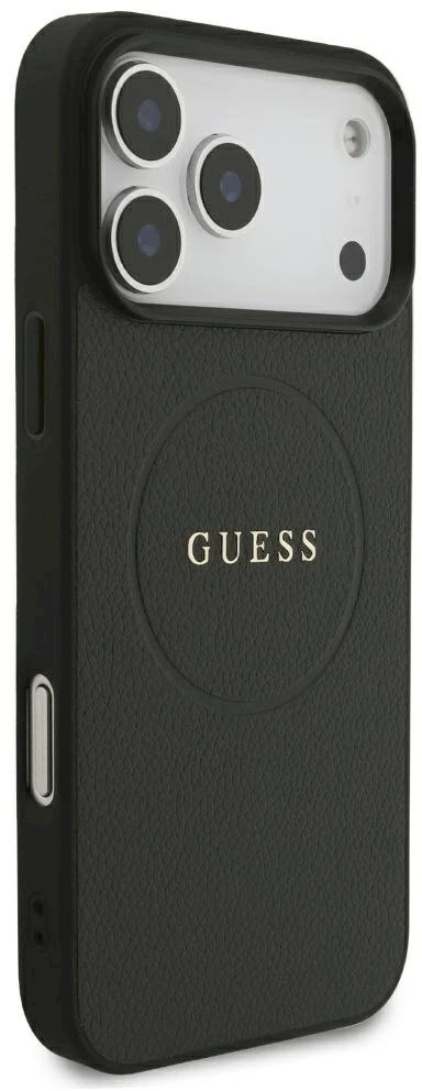 Guess Grained Gold Ring MagSafe dėklas, skirtas iPhone 18 Pro Max / 17 Pro Max – juodos spalvos