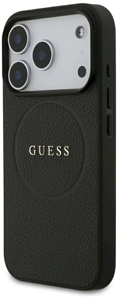 Dėklas Guess Grained Gold Ring MagSafe Case, skirta iPhone 18 Pro / 17 Pro – juoda