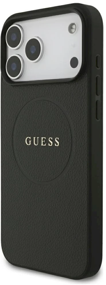 Guess Grained Gold Ring MagSafe dėklas, skirtas iPhone 18 Pro Max / 17 Pro Max – juodos spalvos