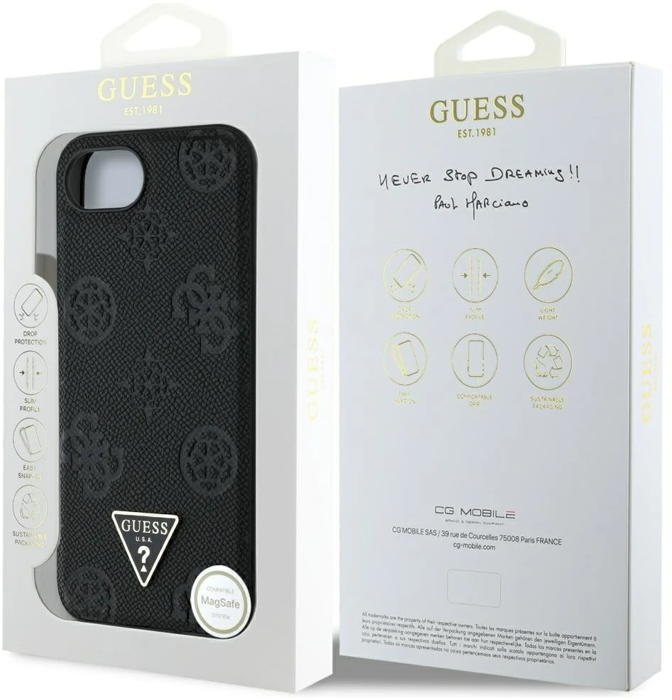 „Guess“ grūdėto karšto spaudimo bijūnų trikampio logotipo „MagSafe“ dėklas, skirtas „iPhone 16e“ - Juodas