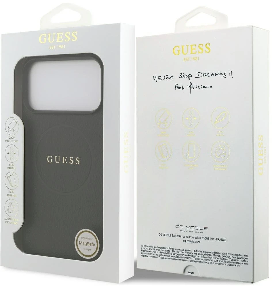 Guess Grained Ring MagSafe dėklas Apple iPhone 17 Pro Max juodos spalvos