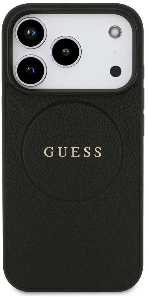 Guess Grained Ring MagSafe dėklas Apple iPhone 17 Pro juodos spalvos