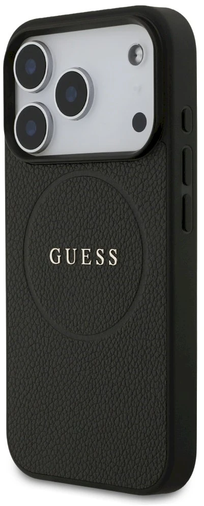 Guess Grained Ring MagSafe dėklas Apple iPhone 17 Pro juodos spalvos