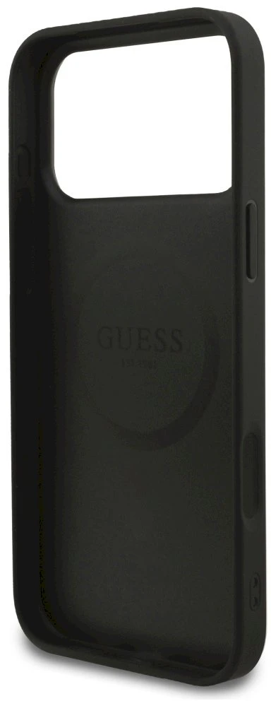 Guess Grained Ring MagSafe dėklas Apple iPhone 17 Pro Max juodos spalvos