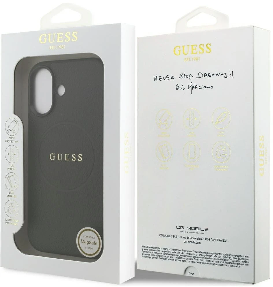 Guess Grained Ring MagSafe dėklas Apple iPhone 17 juodos spalvos