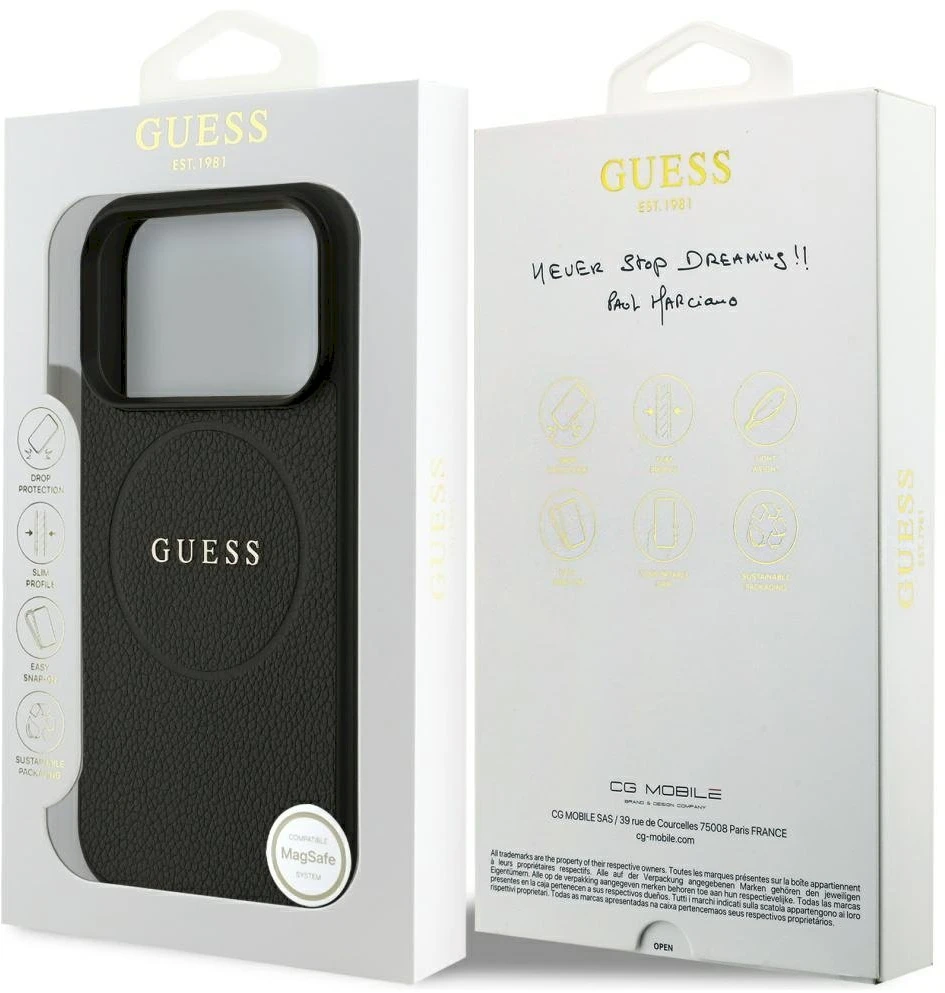 Guess Grained Ring MagSafe dėklas Apple iPhone 17 Pro juodos spalvos